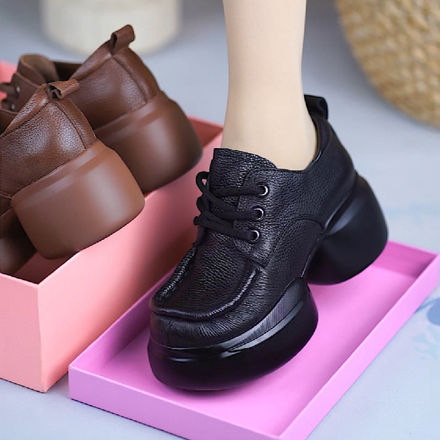 真皮小皮鞋女2025新款秋季百搭英伦风松糕厚底乐福鞋增高系带单鞋