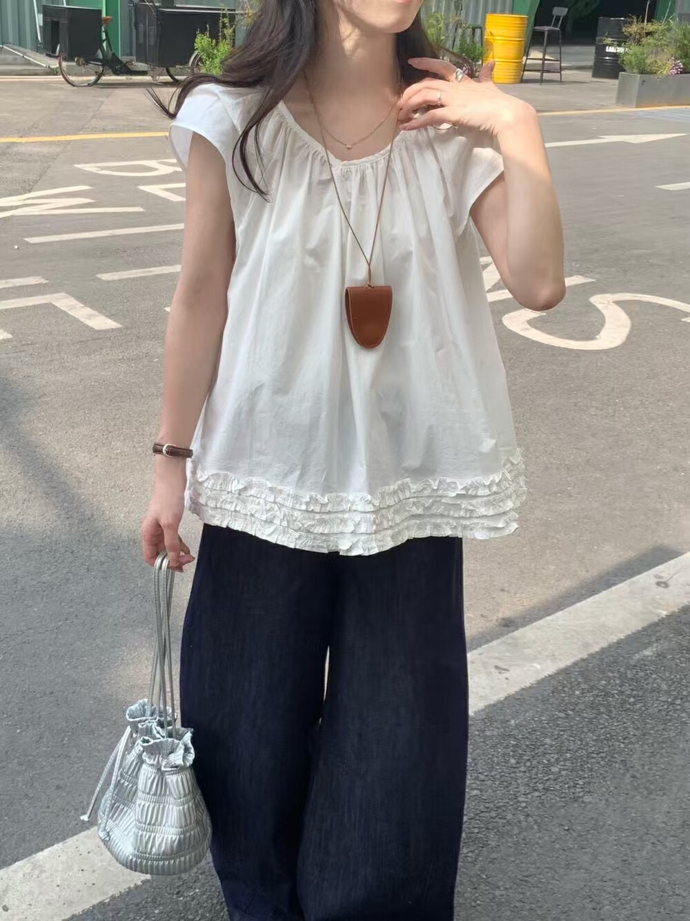 短袖木耳边拼接圆领纯色百搭T恤韩版法式夏季侘寂风