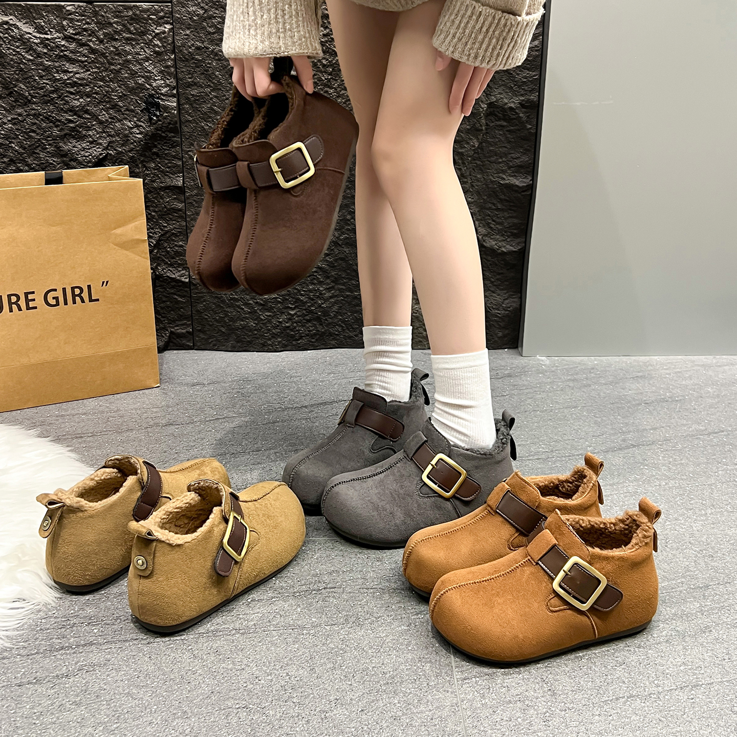 FKFD小个子5cm增高加绒勃肯鞋女2025冬季魔术贴高帮丑萌雪地棉女