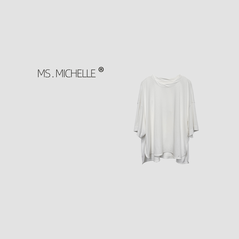 MS.MICHELLE 小众设计领口简约百搭小白T宽松慵懒短袖百搭T恤9186