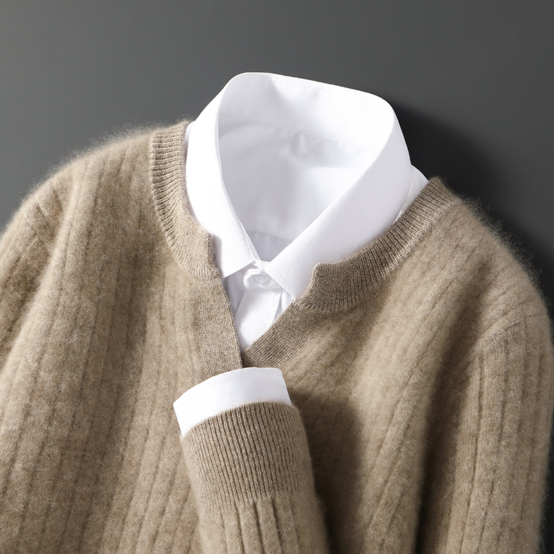 男士小V领提花羊毛衫打底秋冬季百搭条纹商务保暖必入