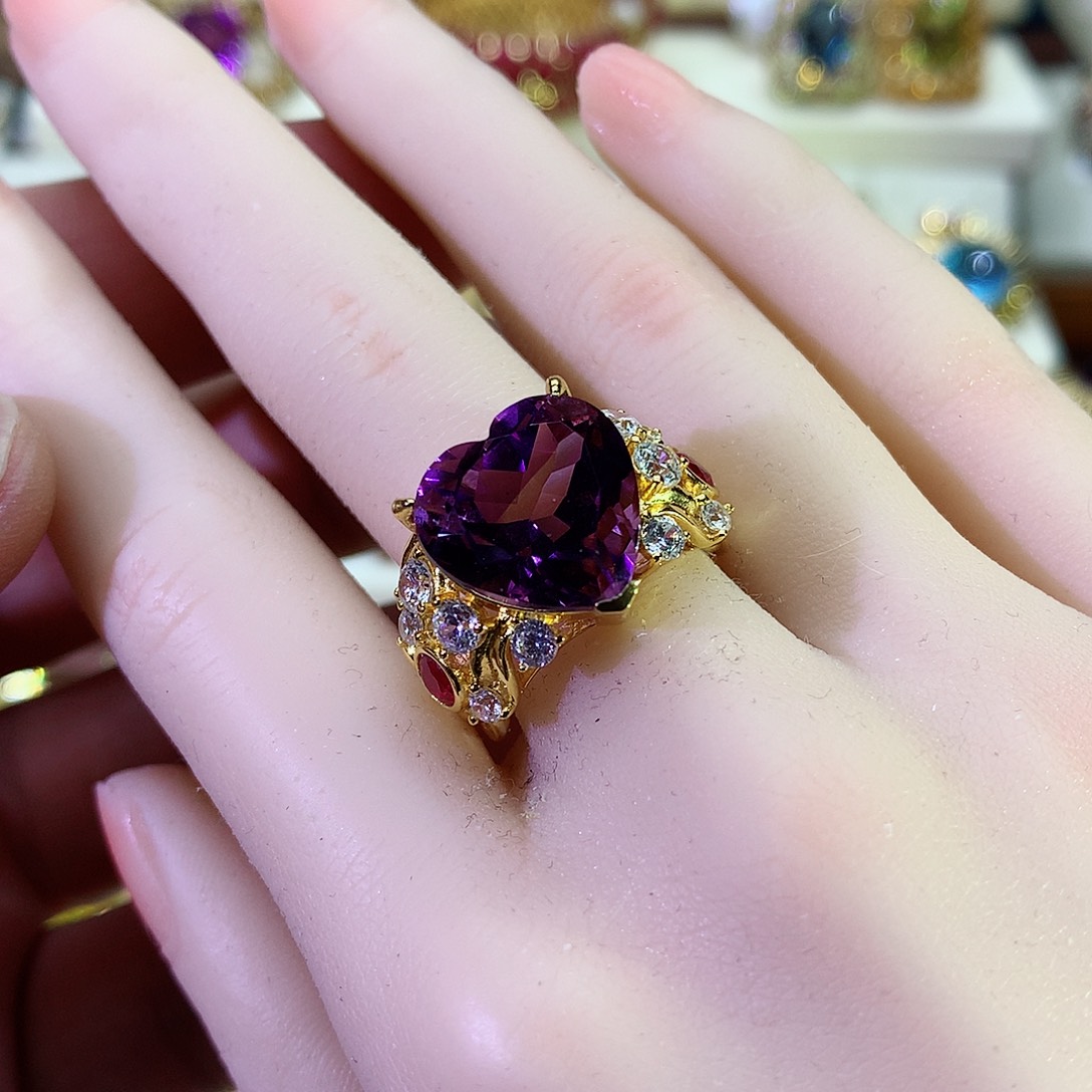 紫晶戒指银S925镀金镶嵌
