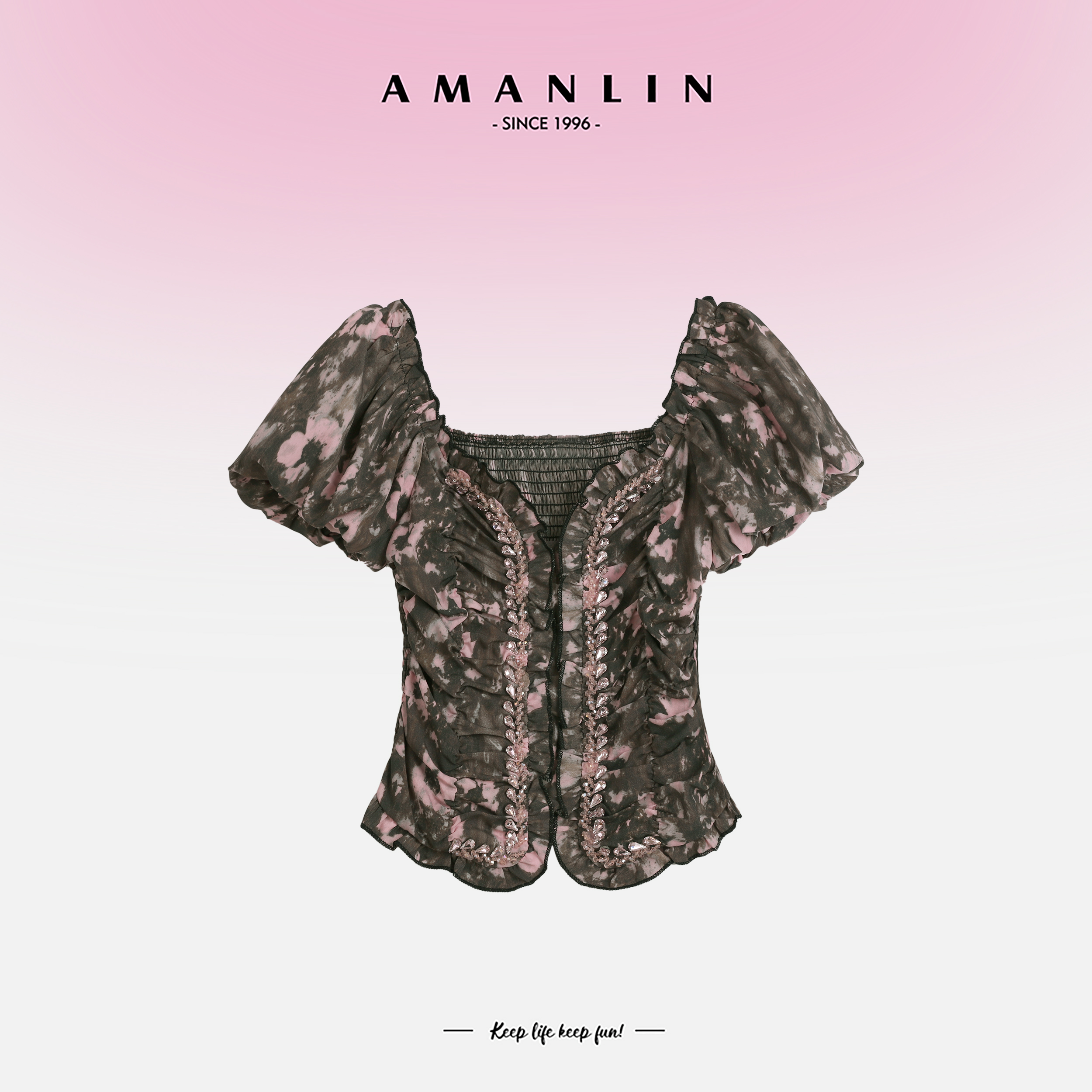 夏季法式褶皱短袖衬衫气质翻领纯欲印花上衣F592138