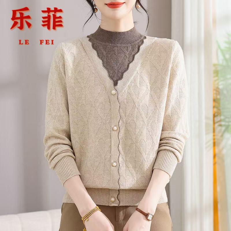 妈妈装新款长袖打底衫中老年女时尚洋气半高领秋冬宽松针织衫上衣