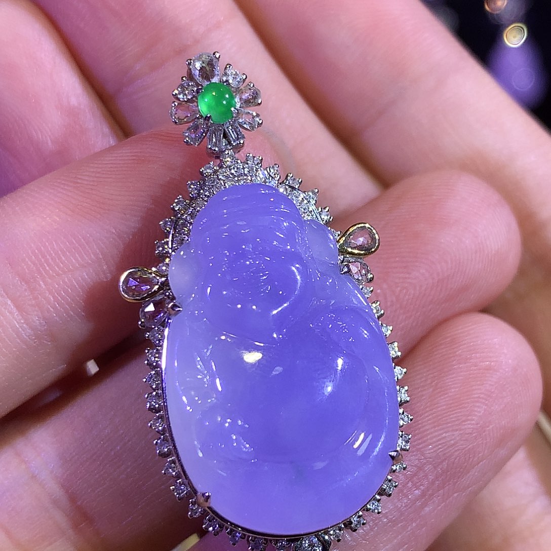 翡翠18K金镶嵌吊坠(赠链)冰紫财神吊坠