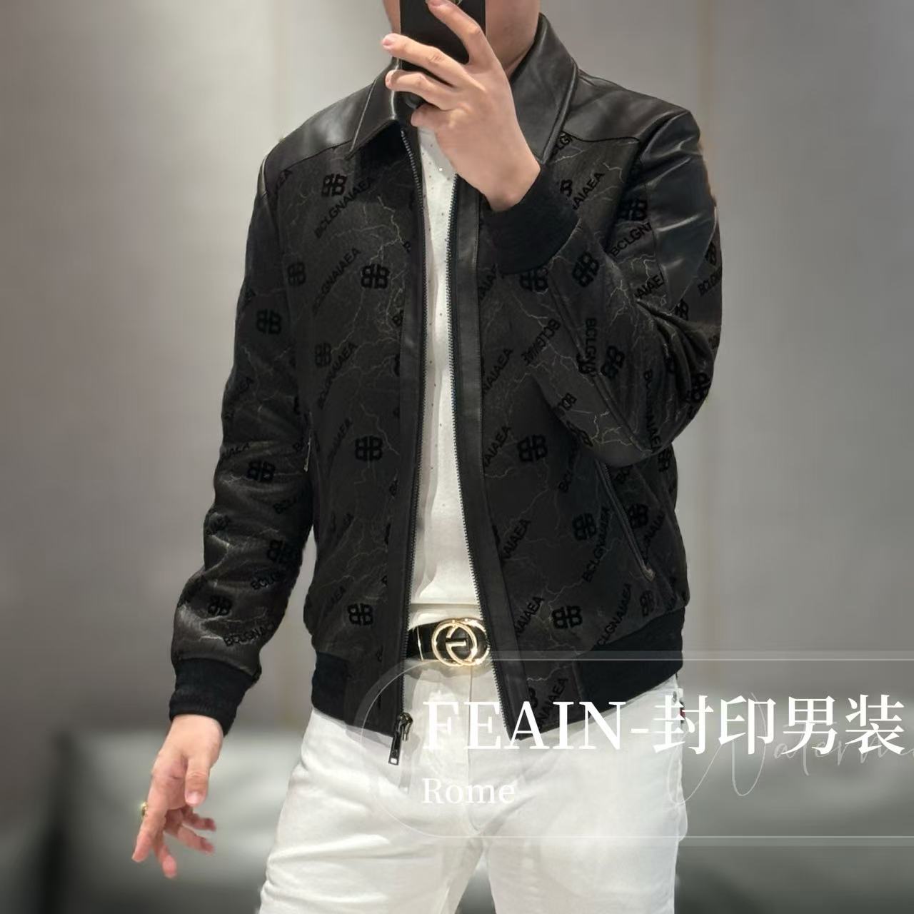 【真皮拼接】高端男士激光雕花植绒工艺加棉夹克8105