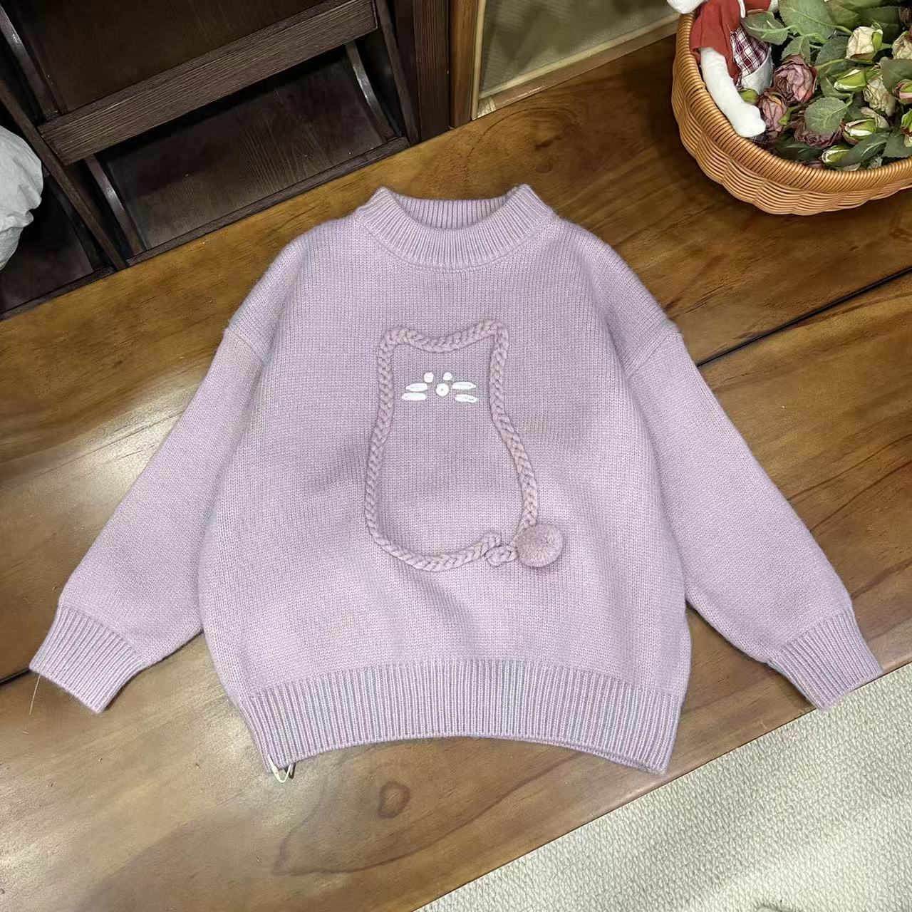 〖姐姐家〗2025冬款儿童休闲紫色猫咪绣花毛衣-68110