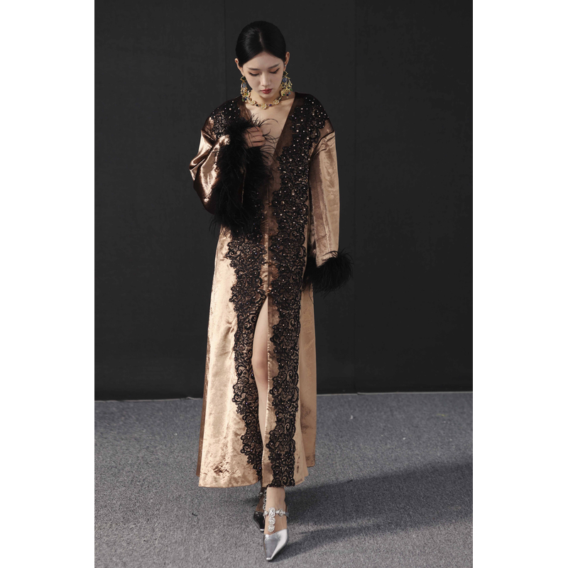 《鎏金魅影：蕾丝与羽毛交织的奢华长袍》