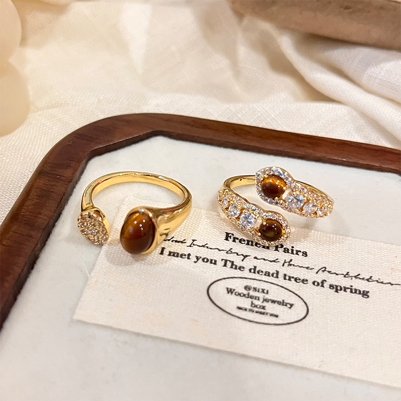 铜合金戒指 复古美拉德虎眼石戒指女高级轻奢气质叠戴食指戒7483