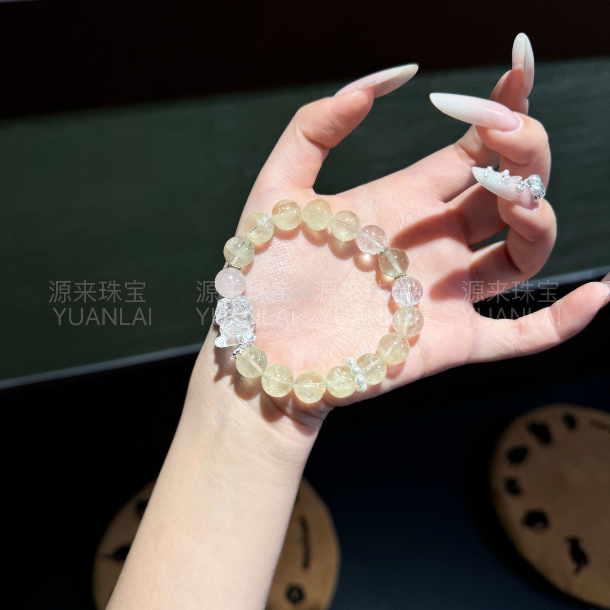 YY15 天然黄水晶白水晶小狮子手串