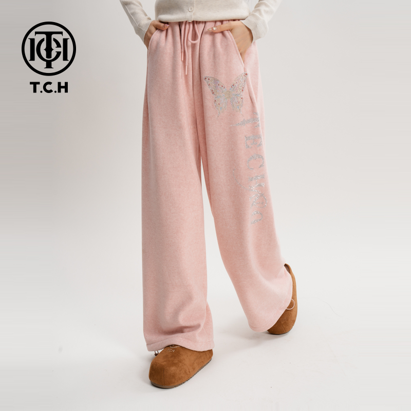 TCH私服秋冬慵懒风烫钻时尚淑女粉色休闲长裤T75D20E1010轻奢tch