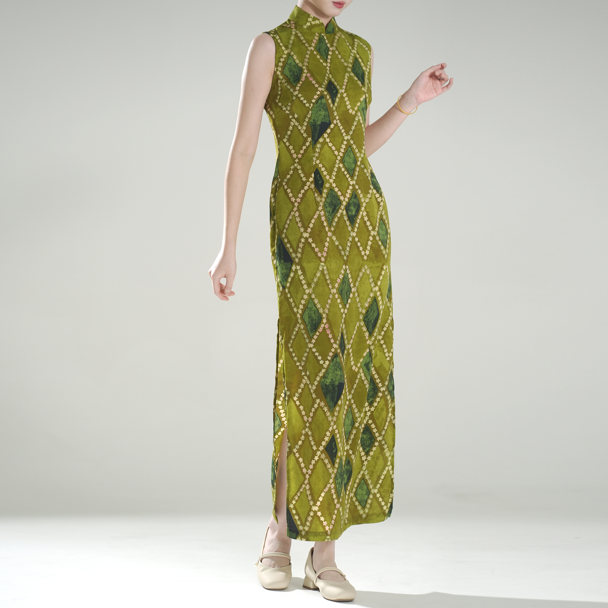 绿格子 复古改良新中式旗袍印花后拉链无袖日常国风连衣裙