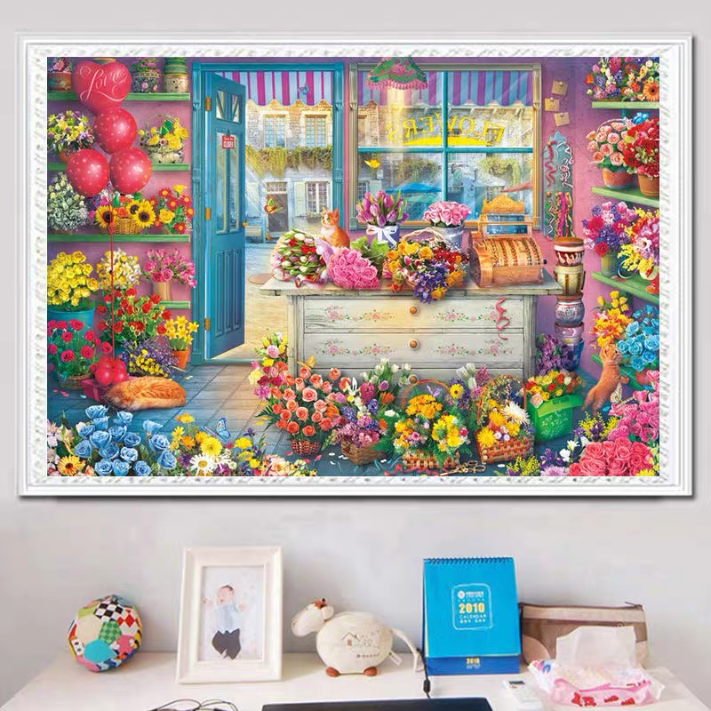 鲜花店 蒙娜丽莎十字绣棉线100×75大格满绣无勾边