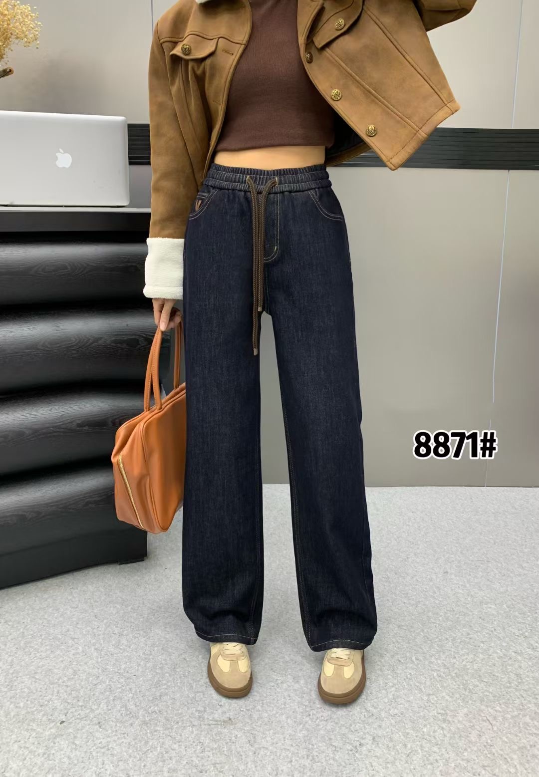 7751保色牛仔窄版直筒松紧腰牛仔裤时尚显瘦休闲百搭款