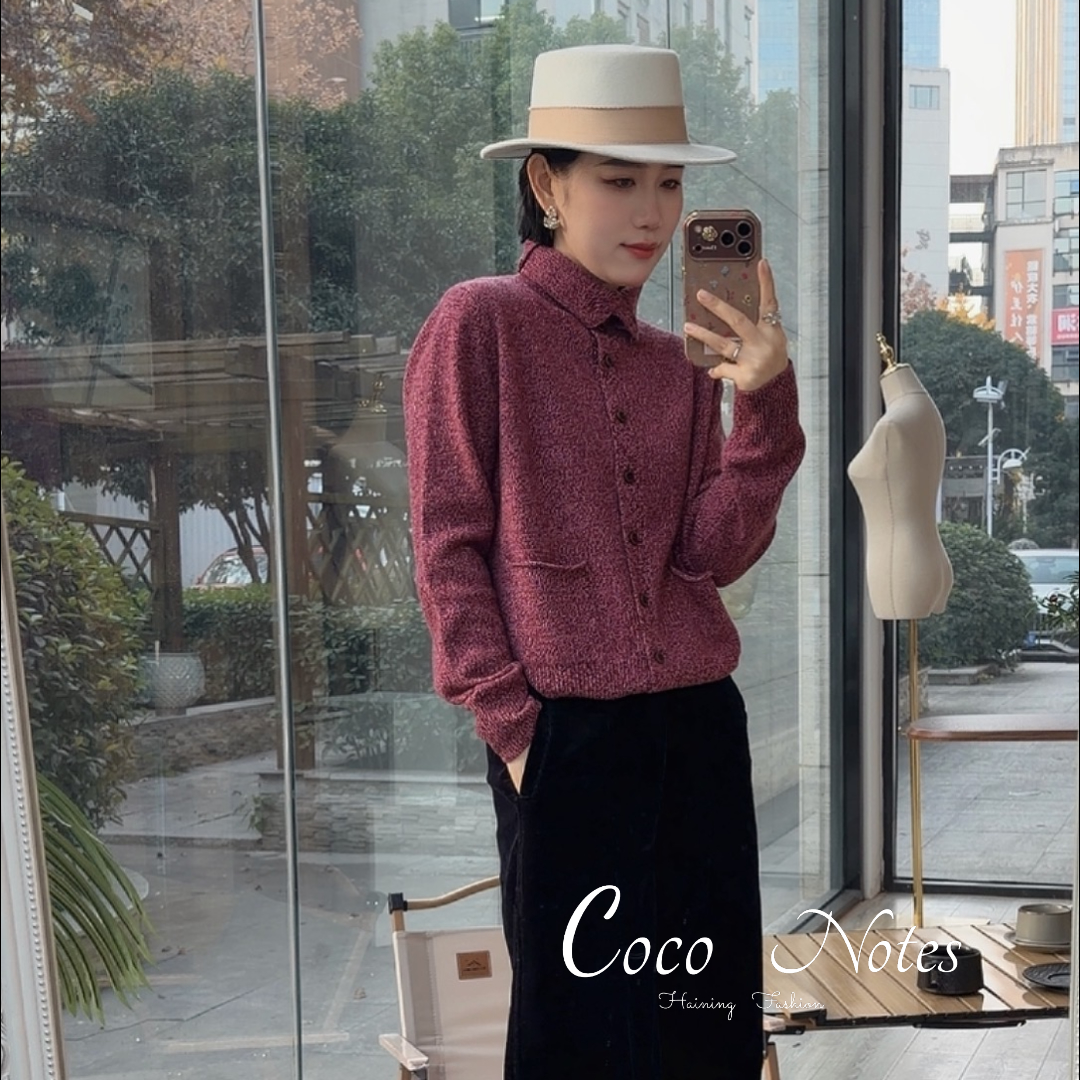 COCO NOTES  DXJ9016邓肯纱全羊毛女装单排扣半高领减龄羊毛开衫