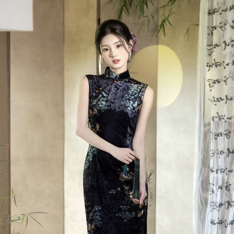 (8107)2025新款黄花复古新中式气质国风丝绒旗袍女单层修身日常