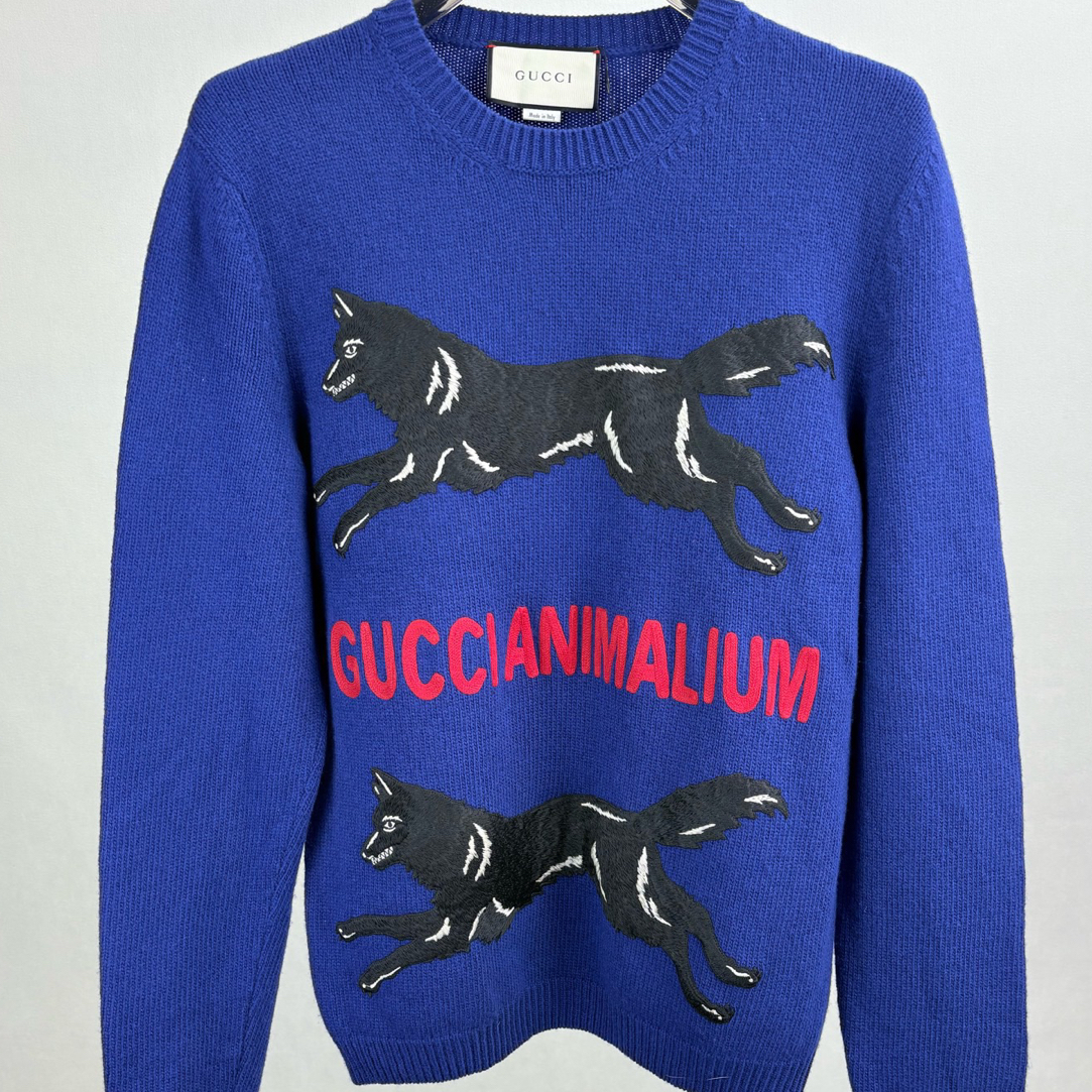 99新 GUCCI/古驰 GUCCI古驰蓝色羊毛小狗针织毛衣S码15473