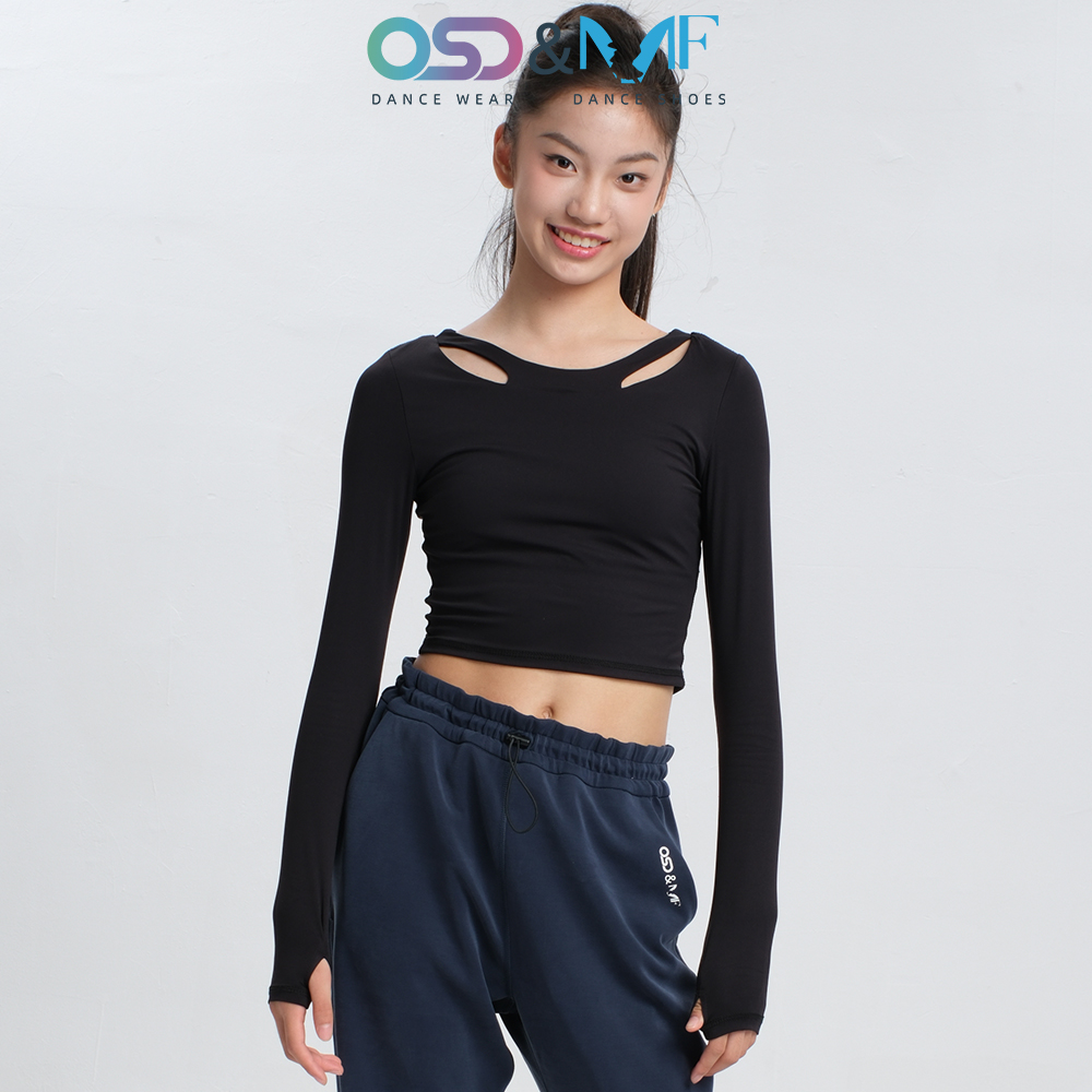 OSD&MF拉丁舞练习服女童2025新款女款成人上衣镂空黑色长袖训练服
