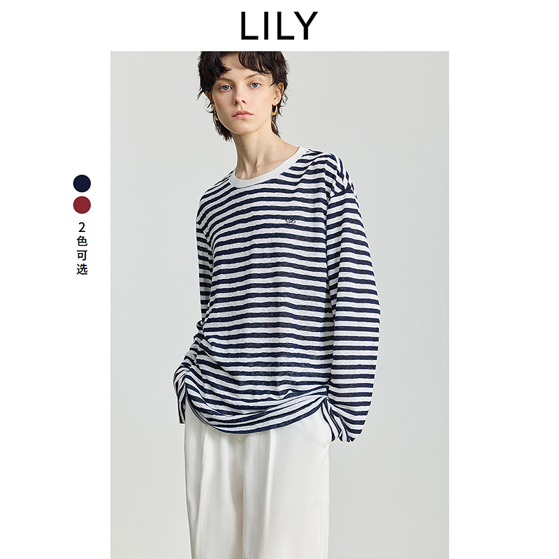 LILY2025冬新款简约撞色条纹圆领休闲通勤长袖T恤上衣125409VT905