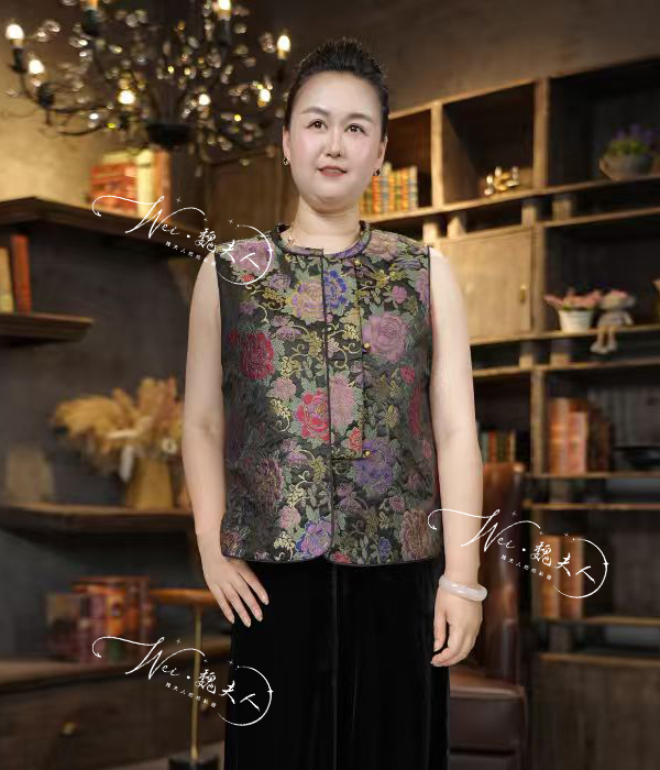 魏夫人提花春季传统中国风斜肩立领马夹时尚无袖中国风百搭25-809