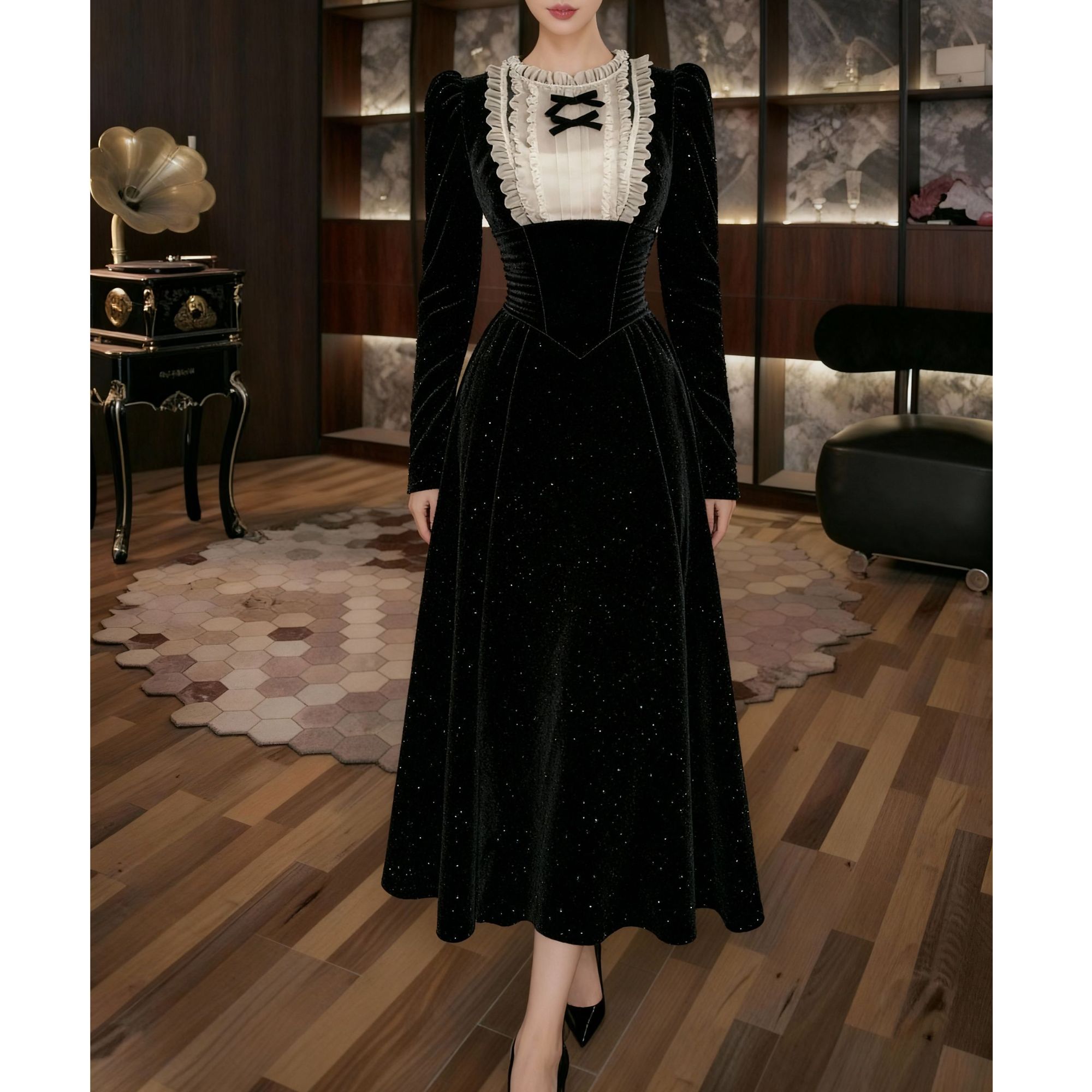 六爻定制 修身拼接显瘦气质长袖轻奢法式名媛宴会连衣裙 419999