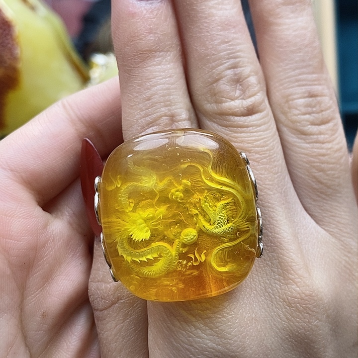 琥珀戒指银S925镶嵌戒指