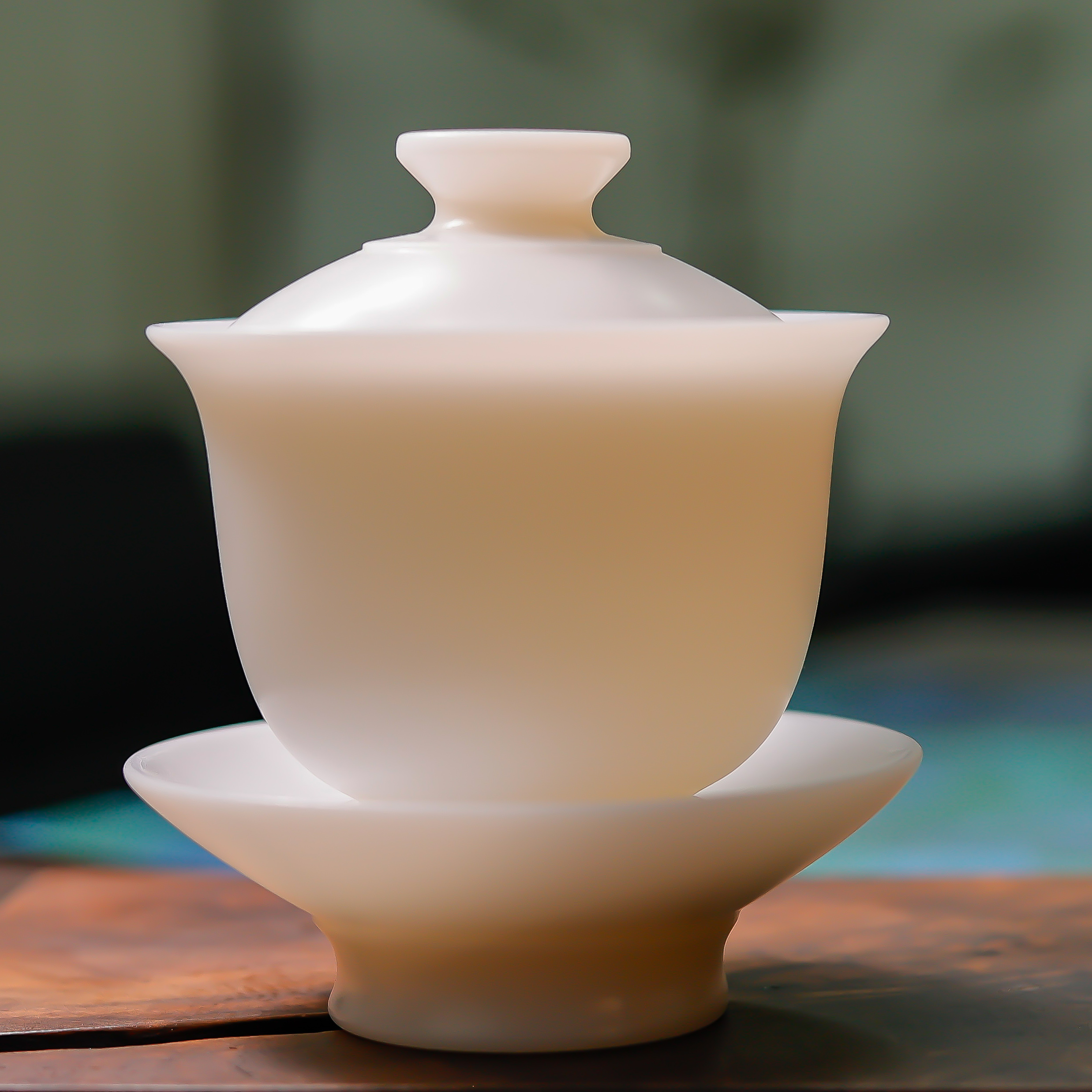 郭志保系列/璞玉素烧/手工泡茶羊脂玉三才盖碗/120ml大号茶具高档