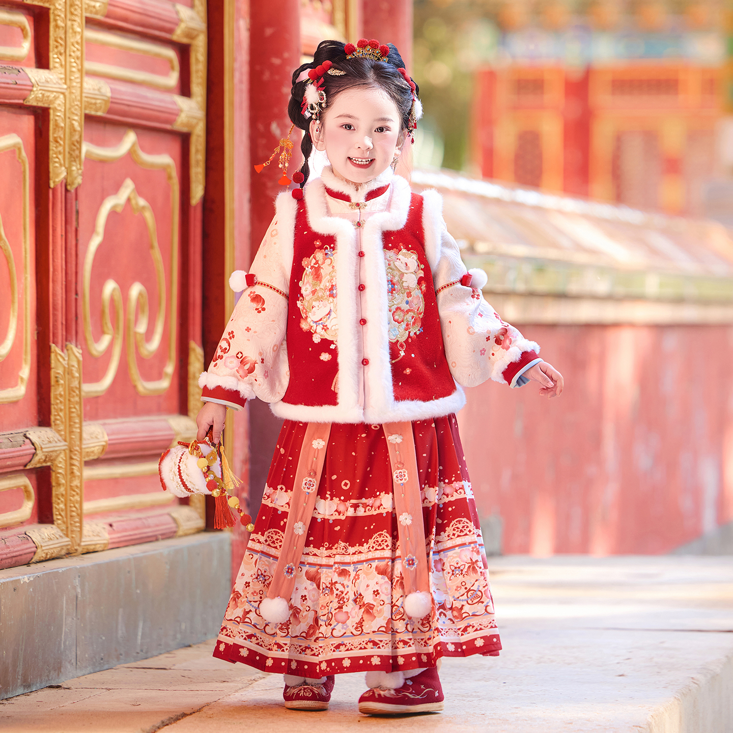 【瑞雪纳福】汉服女童冬装中国风红色喜庆明制套装女孩唐装拜年服