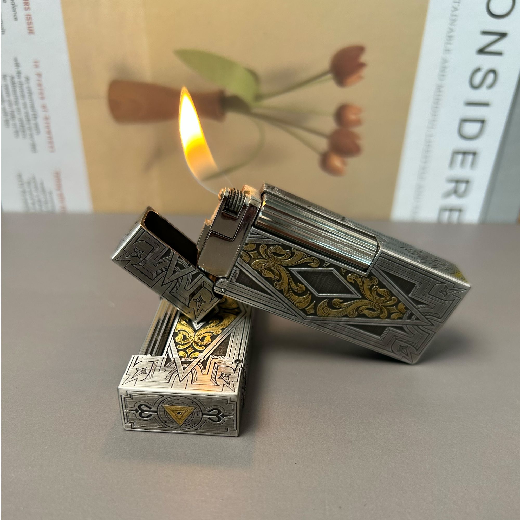 上帝之眼窄机精雕双色手工雕刻男士高端充气侧滑轮打火机