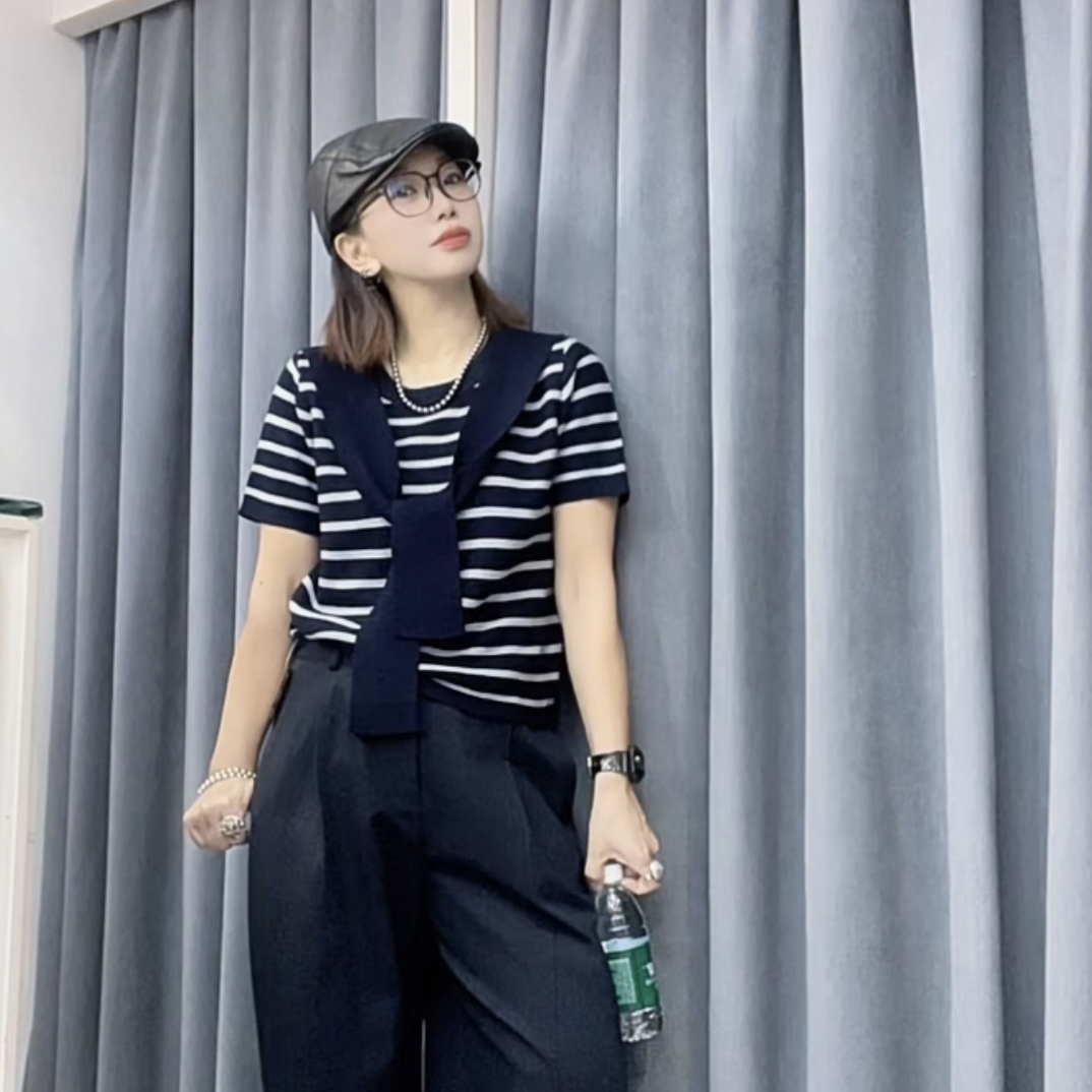 短袖常规款条纹女套头款毛针织衫宽松潮流短款高腰上衣