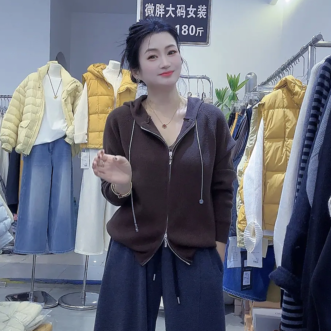 A丽～双拉链甩帽针织衫