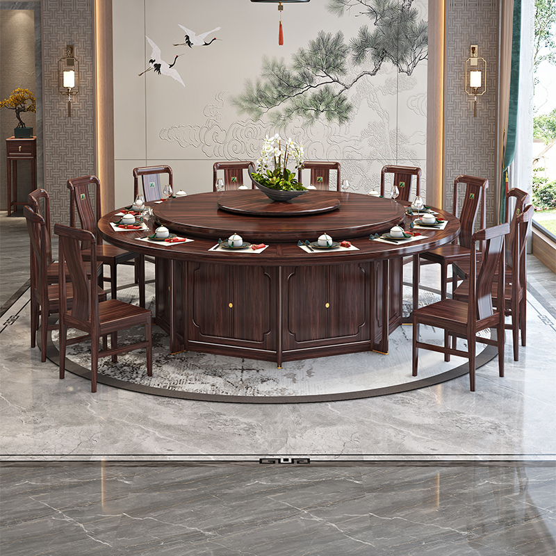 乌金木实木电动大圆桌餐桌转盘旋转新中式别墅家用宴会桌W8801