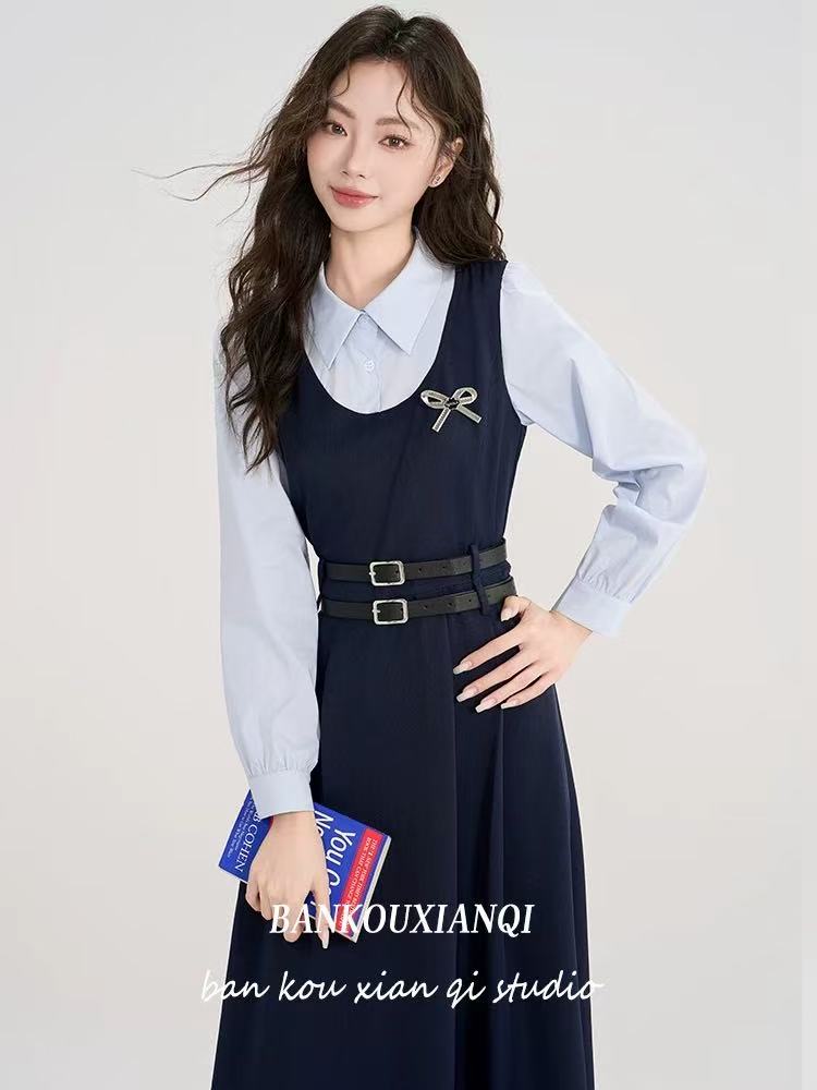 法式假两件拼接学院风衬衫polo连衣裙秋季新款女装收腰长裙
