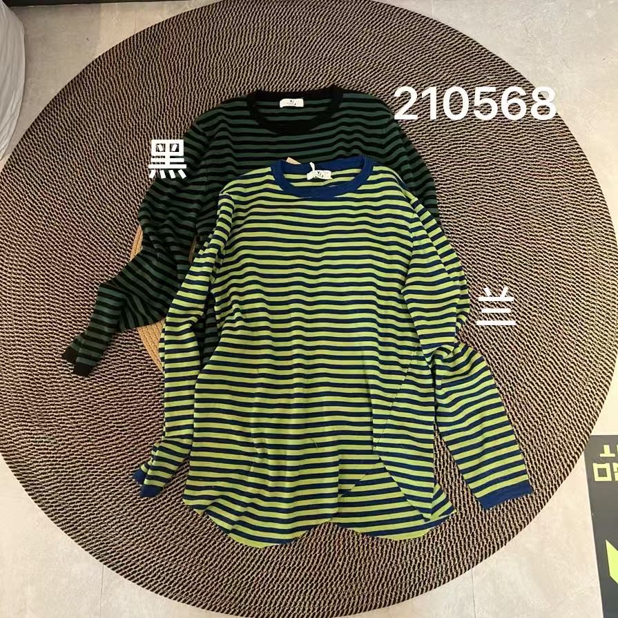 秋冬条纹拼接百搭圆领宽松慵懒风打底衫210568#