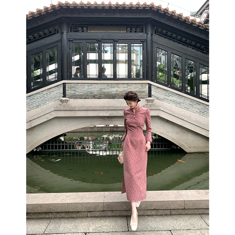 现货一生罗曼【柔光雾紫】新中式国风爱心波点度假显瘦连衣裙L1485