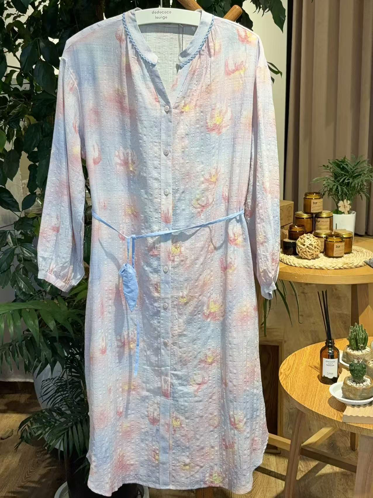 252-191睡衣女2025秋季新款竹节棉甜美印花家居服长裙