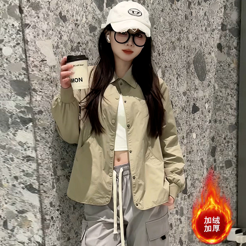 外穿加绒休闲开衫女短款秋冬季加厚爆款百搭衬衫式防水小外套保暖