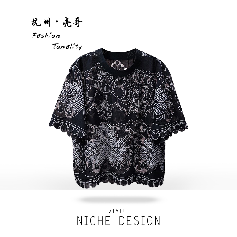 【亮哥女装】2025欧版重工设计暗夜黑勾花蕾丝时尚休闲短袖9689-B1
