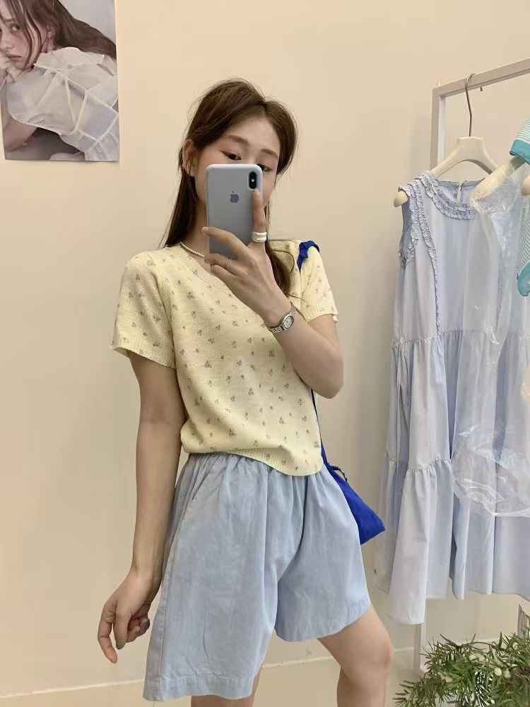 甜美风小碎花花边圆领短袖T恤女夏季新款洋气气质减龄修身上衣潮