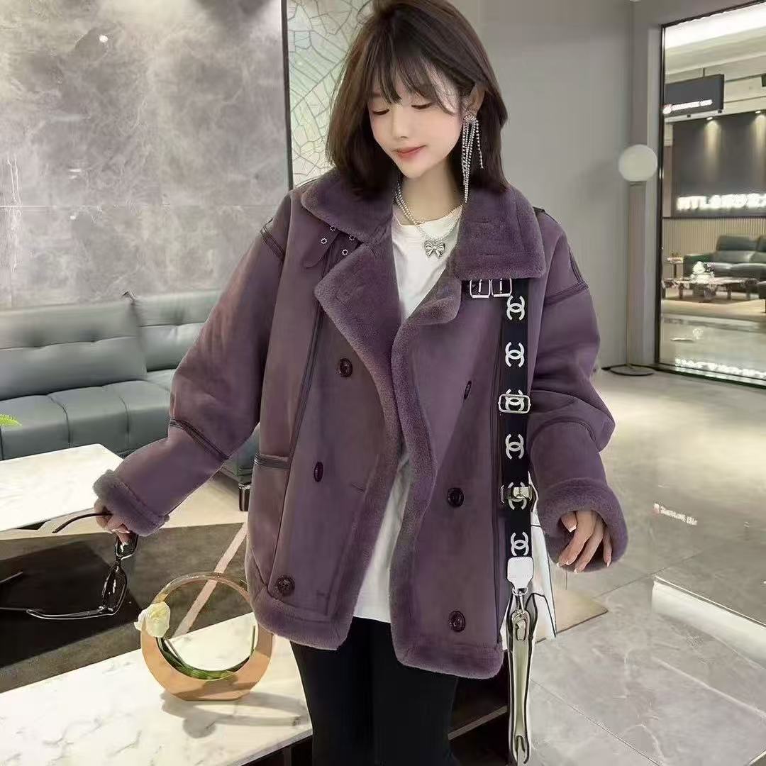 【美式德芙】东东家*998大码休闲百搭宽松显瘦羔羔毛机车服外套