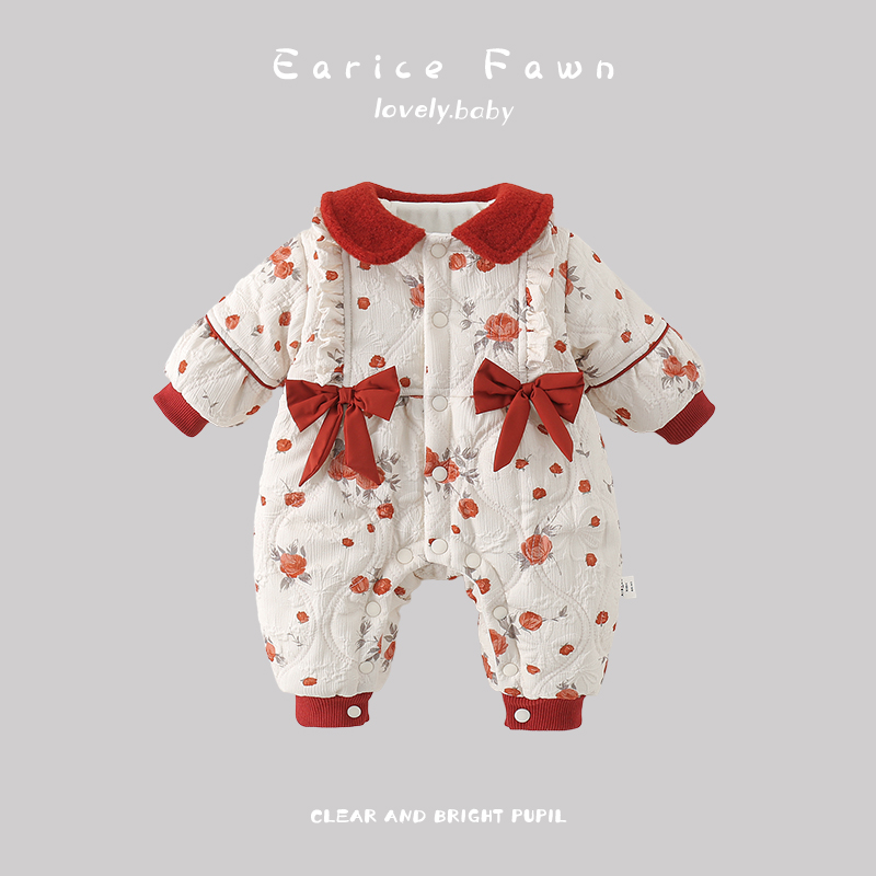 DZ网红婴儿爬服冬季服小月龄宝宝外穿加厚加绒棉服保暖洋气连体衣