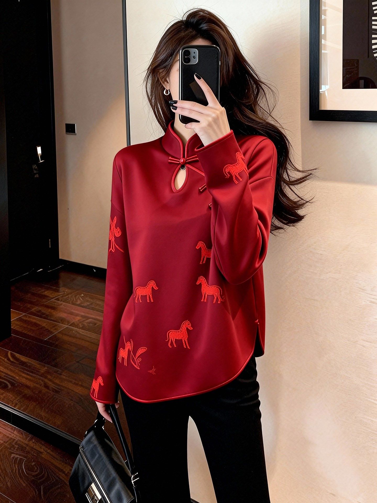 新中式轻国风提花设计立领红色衬衫冬季女装2025新款超好看打底衫