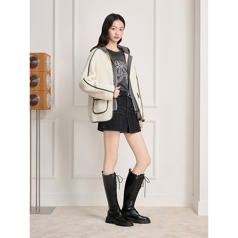 Goodland美地2025冬季新款连帽撞色羊羔毛外套休闲保暖LC35510100