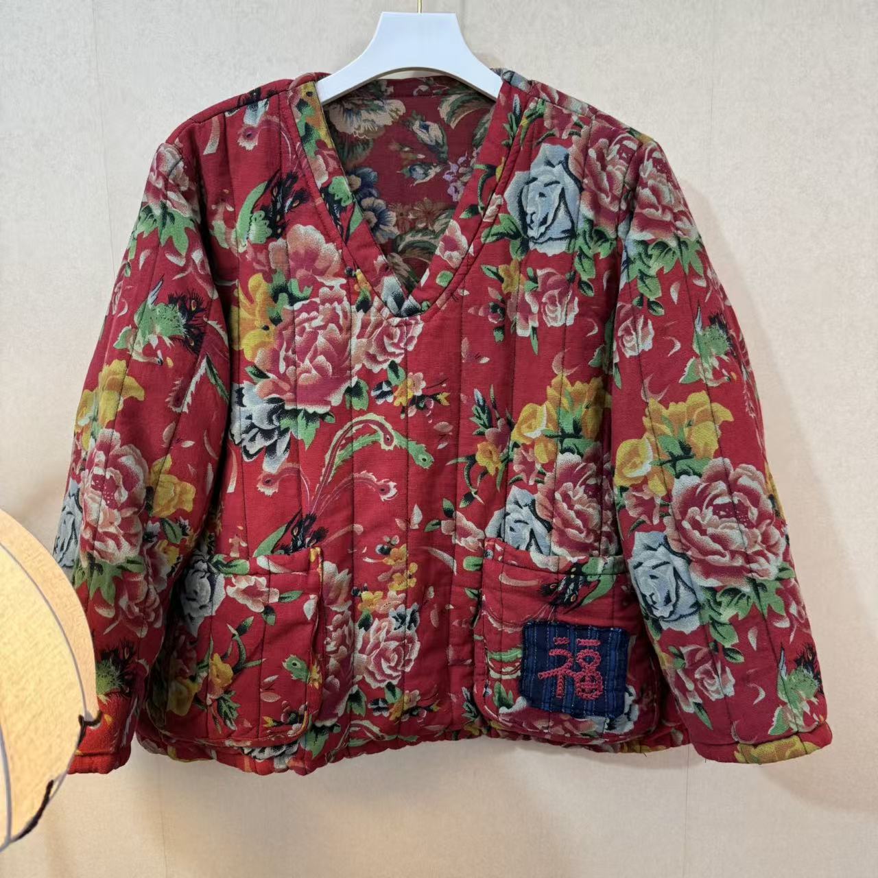 527-冬季竖绗缝双面穿东北大花福子刺绣文艺复古V领宽松显瘦棉衣