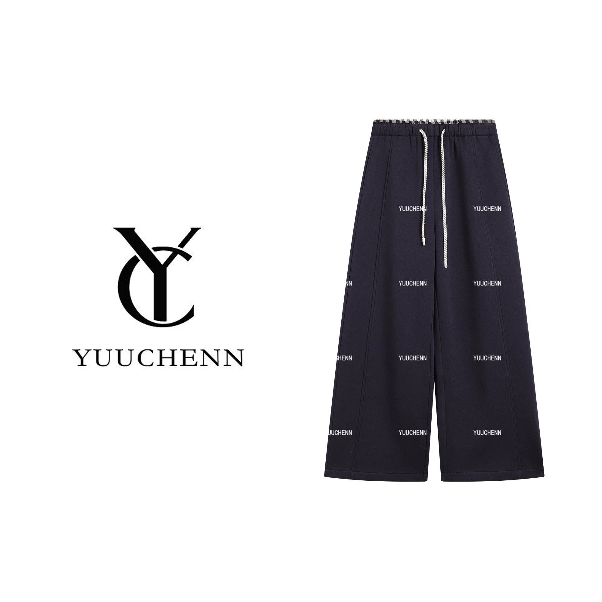 YUUCHENN 松紧腰拼接长裤休闲裤卫裤宽松蓝色时尚25C-W62859