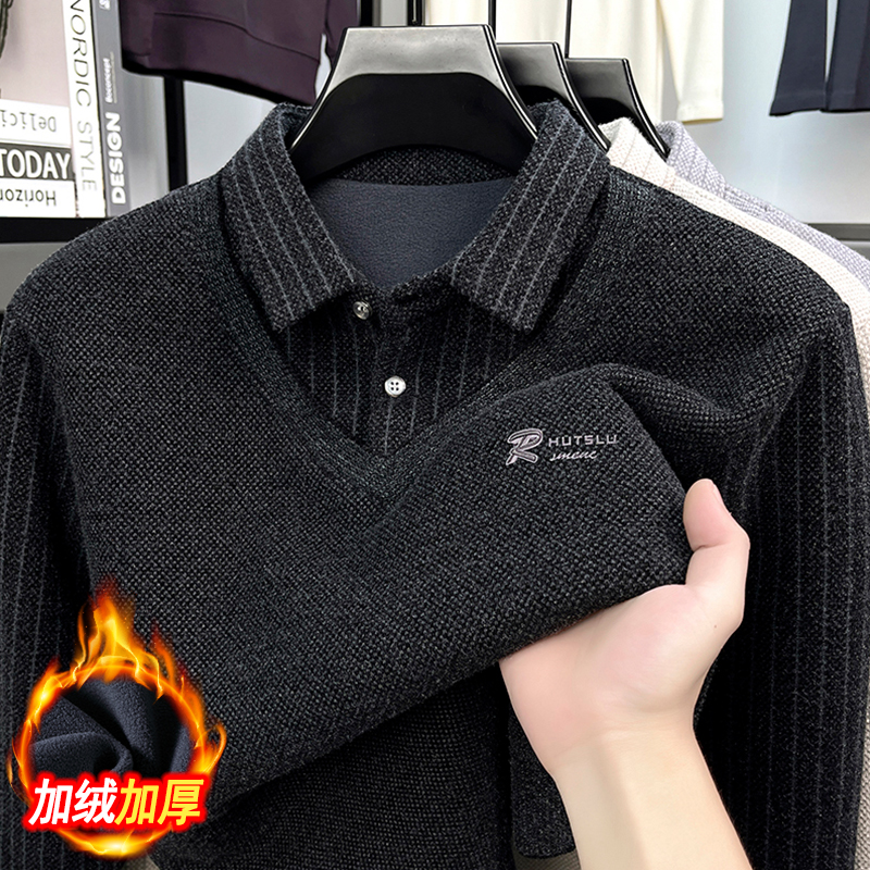 2025冬季男士加绒加厚针织假两件衣商务休闲时尚刺绣保暖polo衫