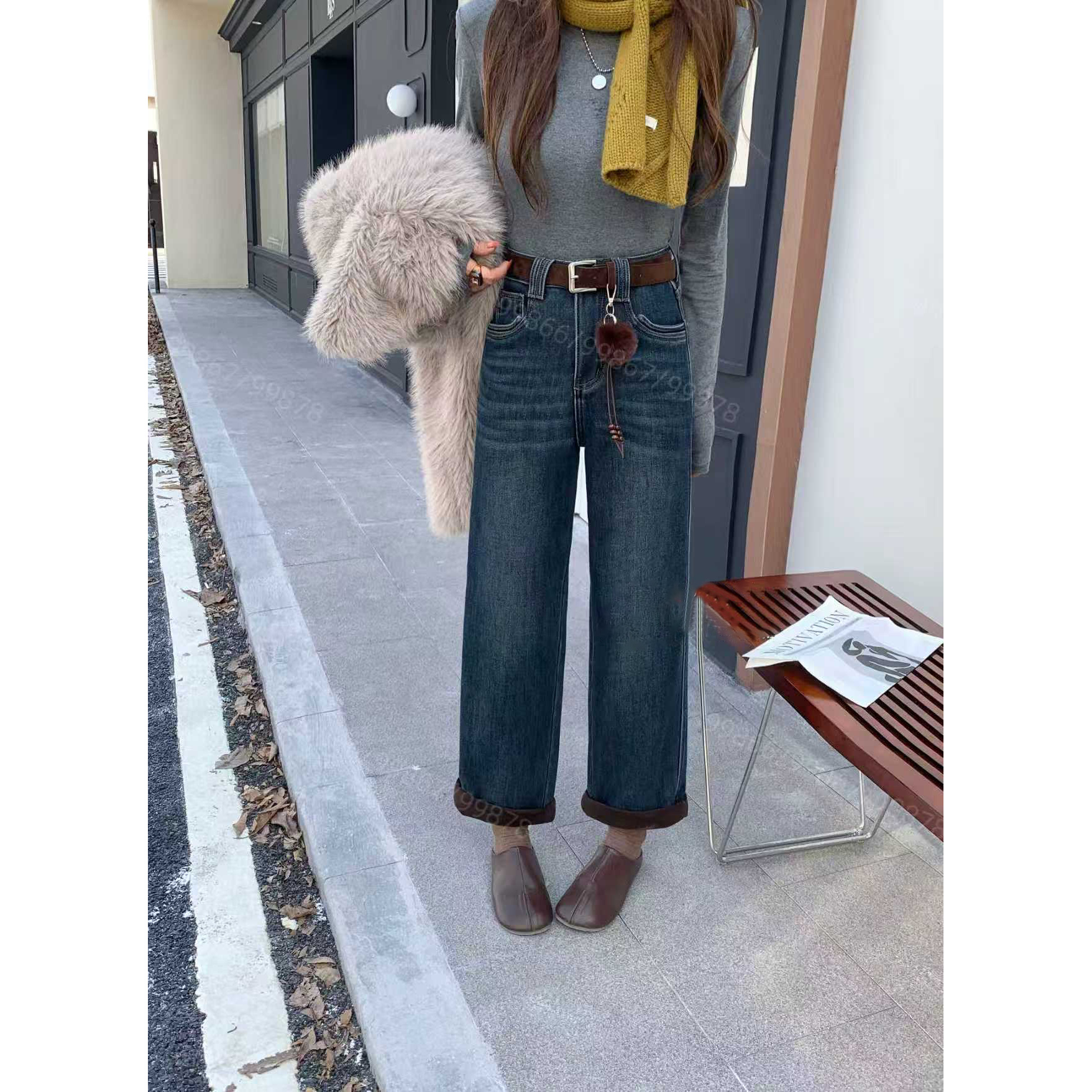 HMY99867 2025新款高腰显瘦可卷边加绒加厚男友裤牛仔裤