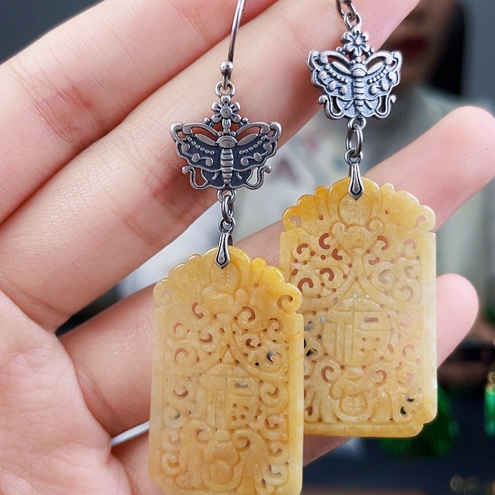 翡翠耳饰银S925镶嵌饰品
