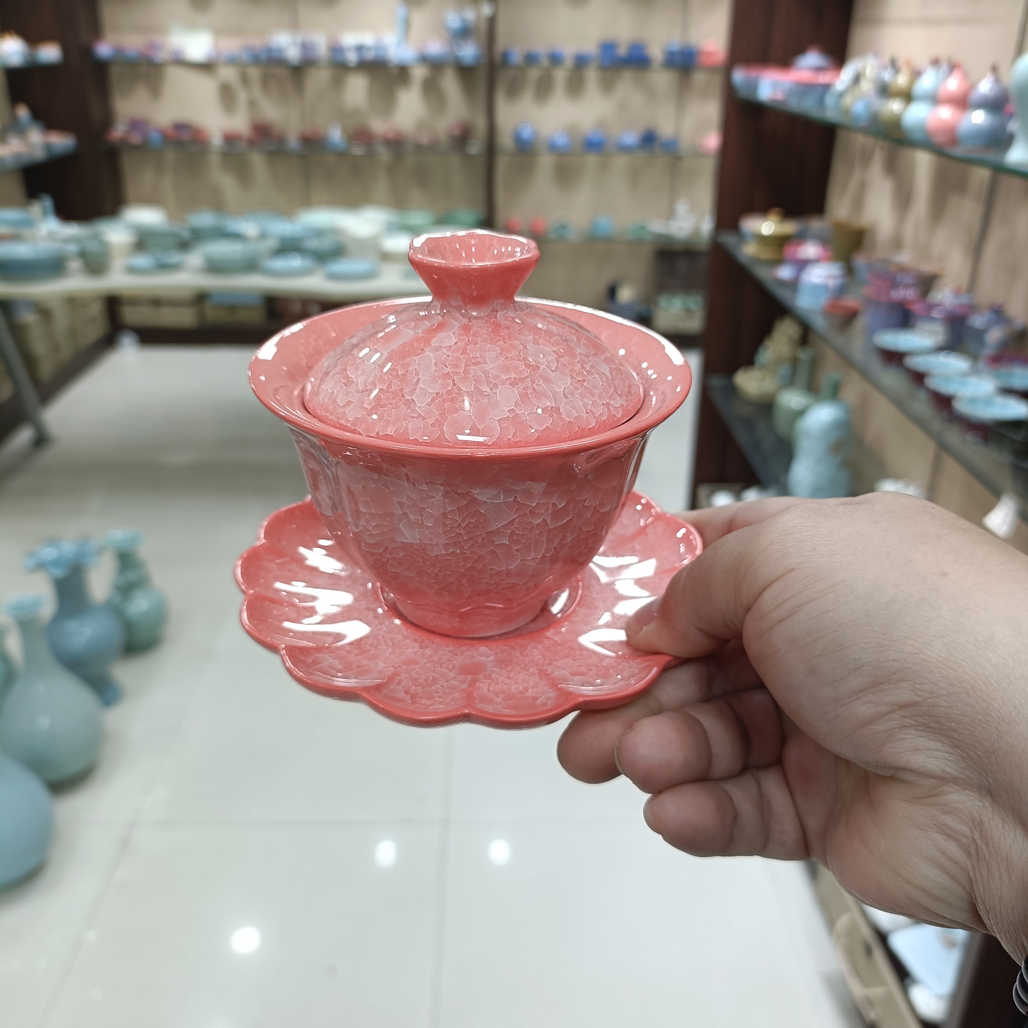 原矿汝瓷粉冰小菊三才盖碗