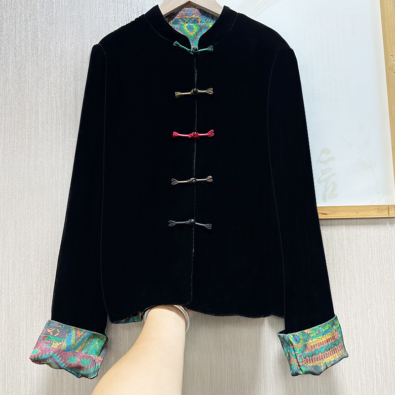 100桑蚕丝丝绒外套女两面穿新中式宽松气质显瘦百搭真丝绒上衣